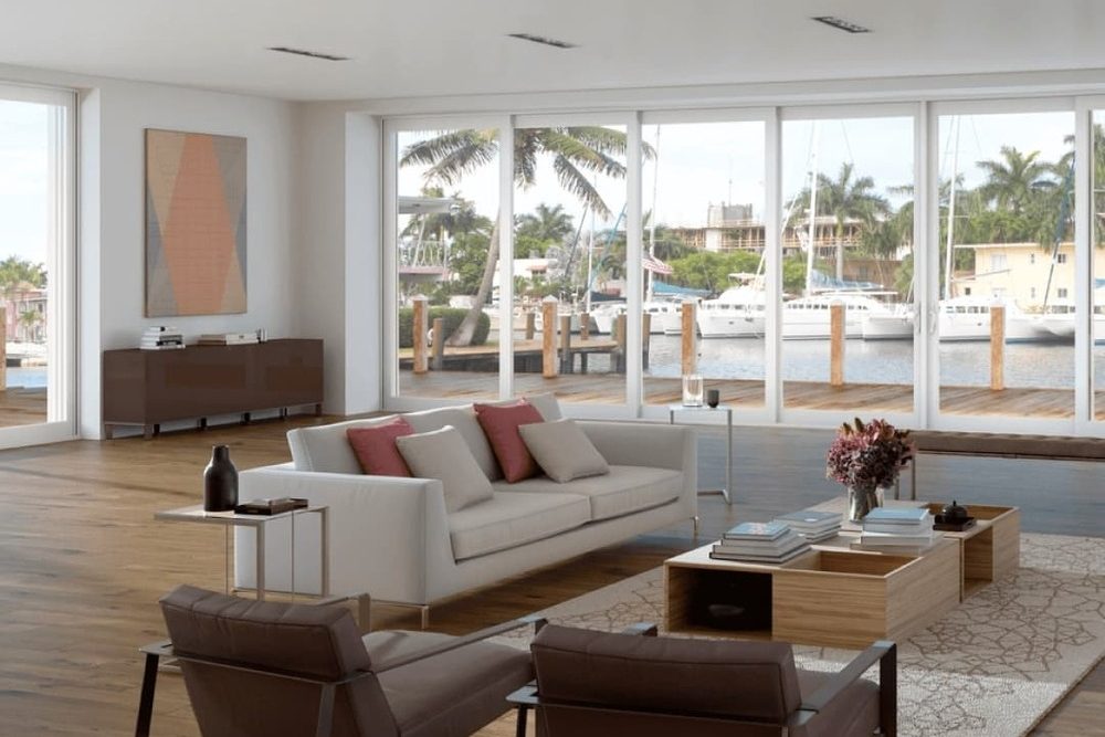 Modern living room with sliding glass doors.